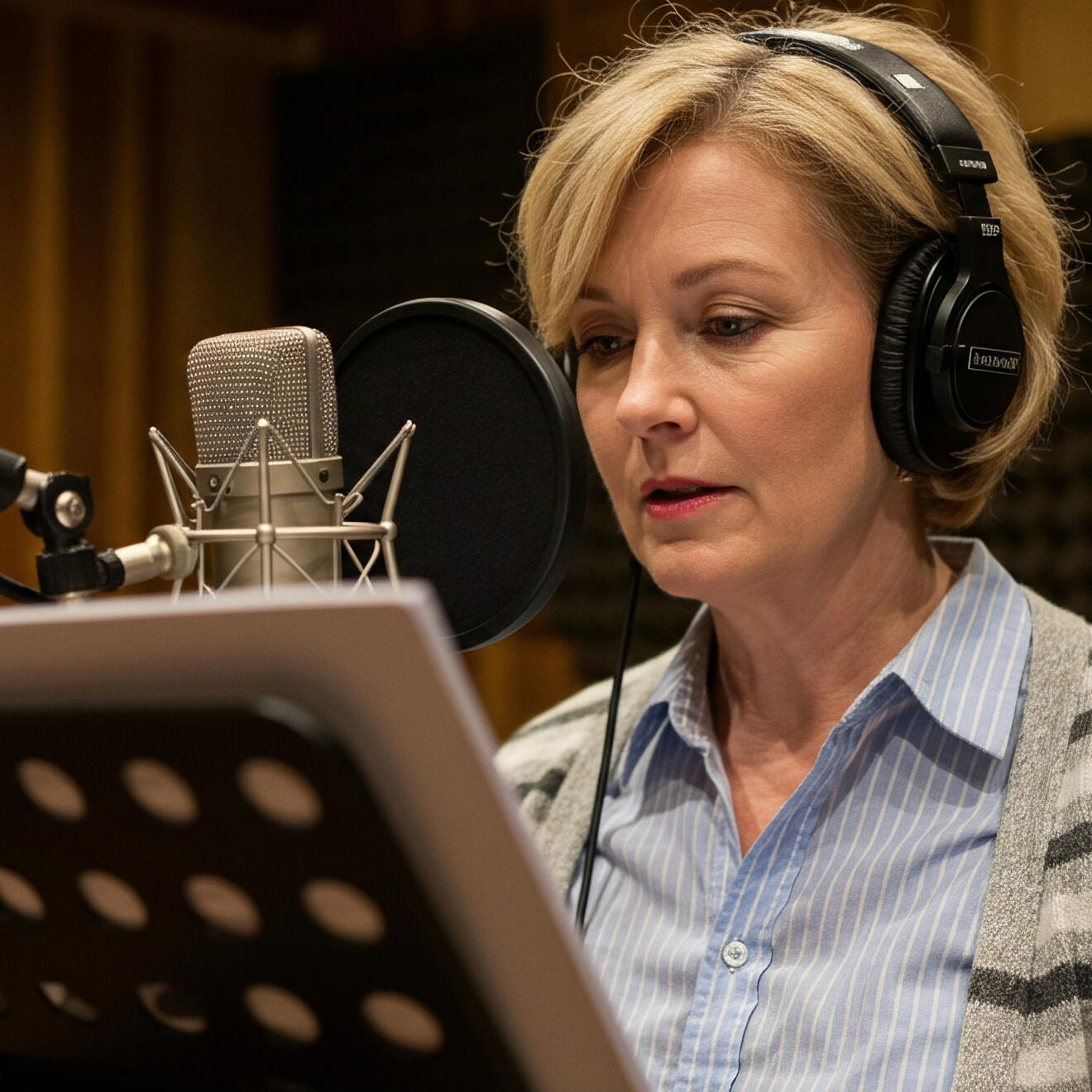 Professional female voiceover artist recording corporate voiceover audio in a studio using microphone and script